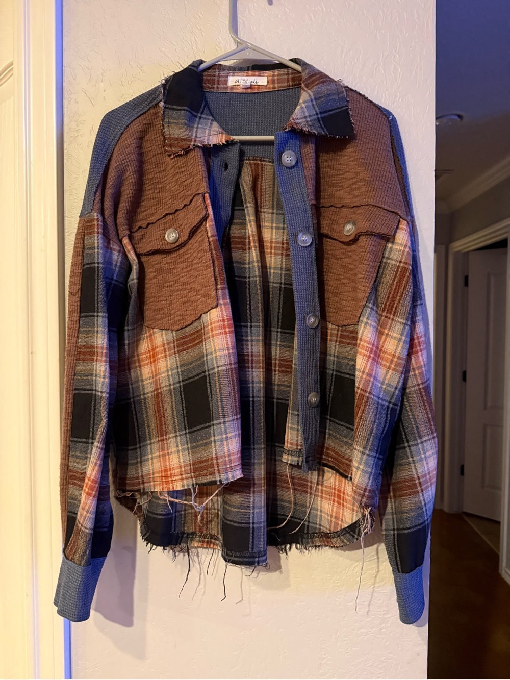 Olí & Hali size small Patchwork Plaid Button-Up Jacket - Brown, Navy, Orange